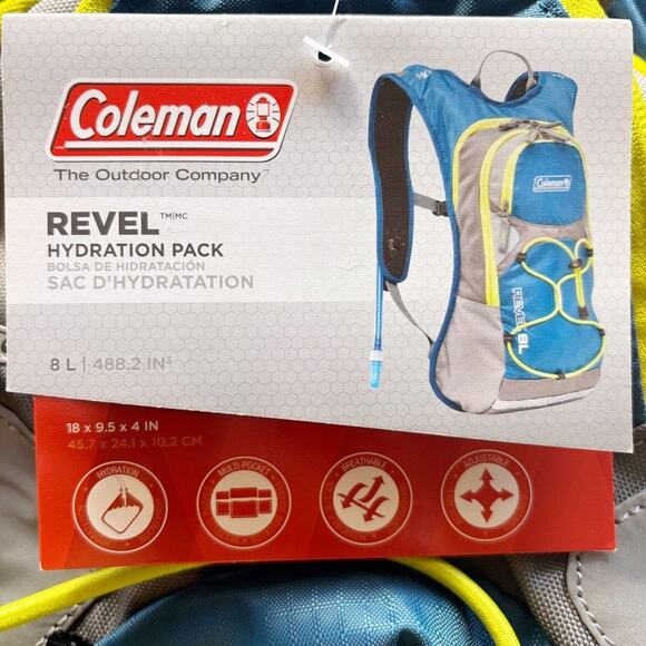 Coleman Revel Hydration Pack 8L Blue Yellow Gray BRAND NEW Water Bladder Sealed - Picture 3 of 13